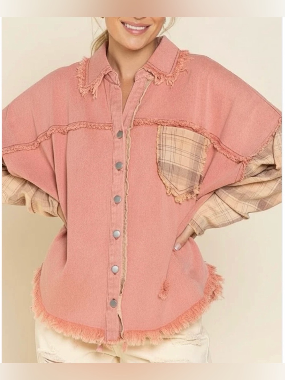 POL Loose Ends Plaid Denim Button Front Shirt Shacket Distressed Size M